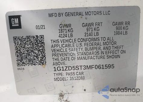 2021 Chevrolet Malibu Fwd Lt z USA, uszkodzony, nr VIN 1G1ZD5ST3MF061595